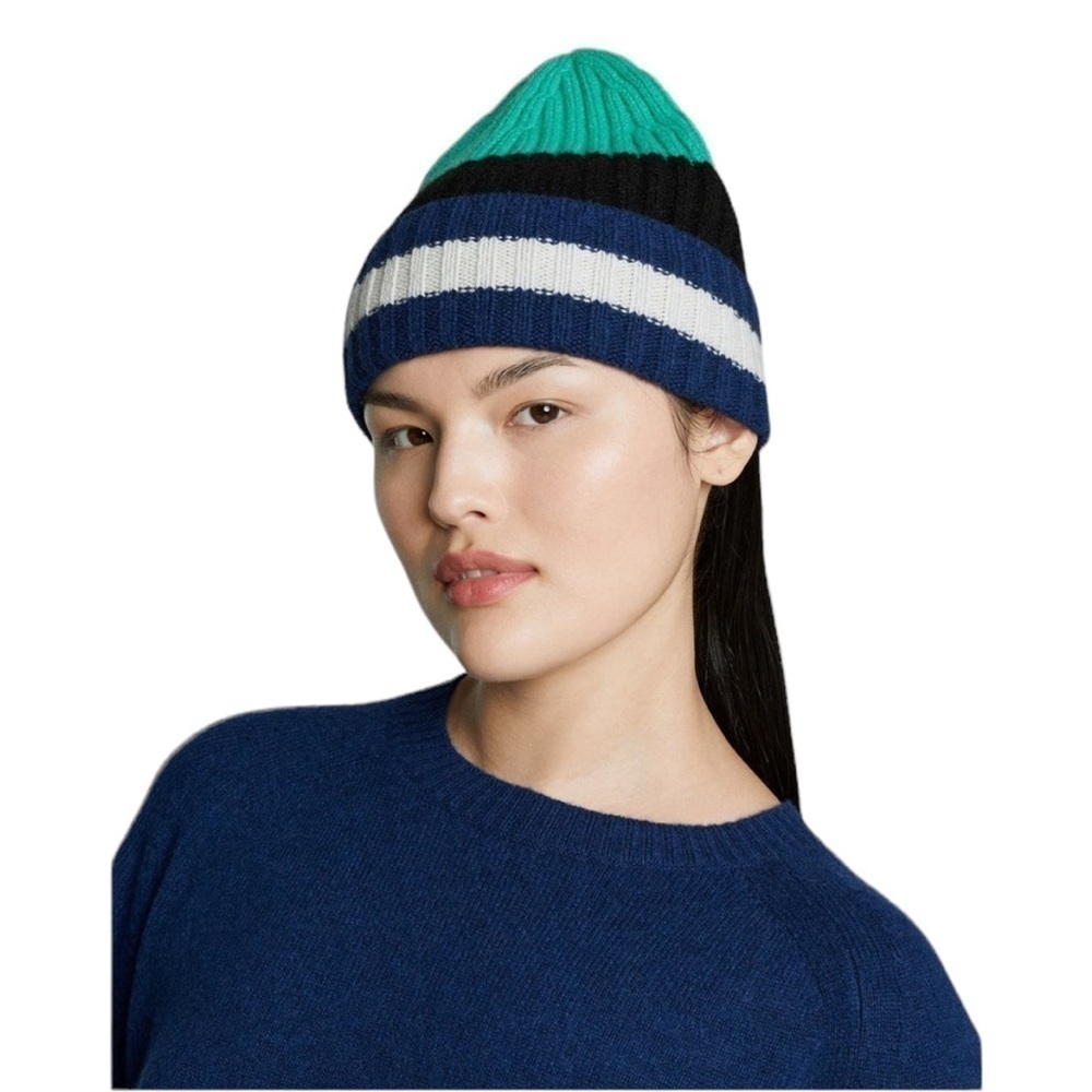 Everlane The Cashmere Unisex Beanie Bright Navy Multi Stripe‎ NWT